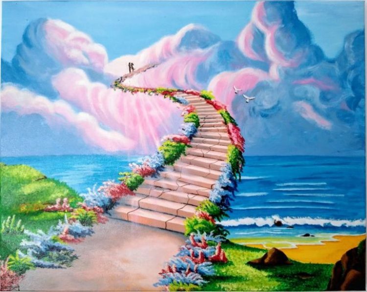 “Stairway to heaven” by Monica Shemel
This is the newest acrylic painting. Picture shows stairs to heaven with a couple of lovers on them. Acrylic on canvas 50×60 cm. Edges painted.