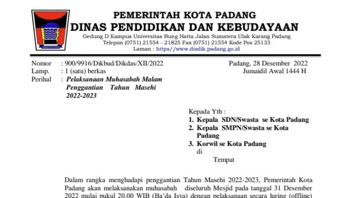 Cegah Rayakan Tahun Baru, Seluruh Siswa dan Guru di Padang Wajib Masuk Masjid/Mushala Ikuti Muhasabah