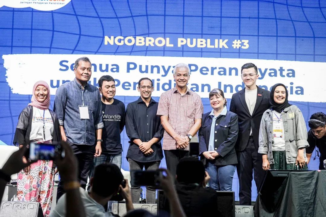 Sesi Ngobrol Publik #3 “Semua Punya Peran Nyata untuk Pendidikan Indonesia” Bersama Nadiem Makarim, Salman Subakat, Shinta Kamdani, Budi Setyarso, William Utomo, Ganjar Pranowo di Acara Belajaraya 2023. IST