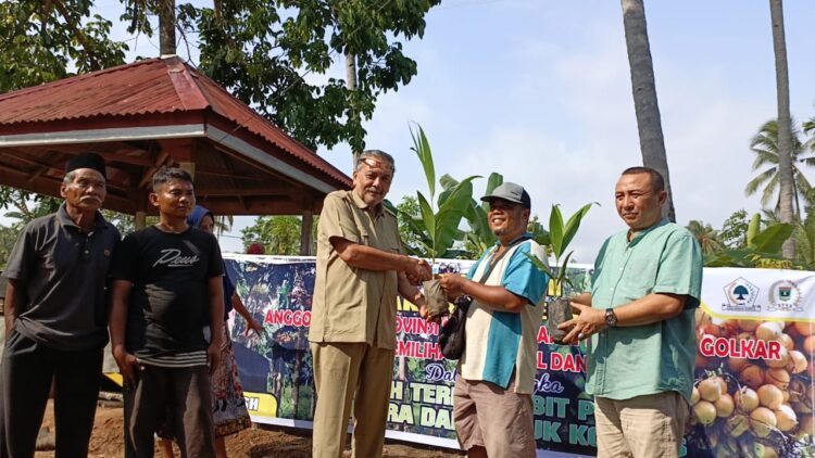 Anggota DPRD Sumbar Zarfi Deson menyerahkan bibit pinang batara untuk petani di Pesisir Selatan, Jumat (22/9). IST