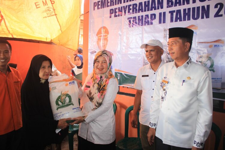 Kepala Dinas Ketahanan Pangan Ekadiana Oktavia bersama Wakil Bupati Risnawanto menyerahkan beras bantuan pangan kepada masyarakat. Osniwati