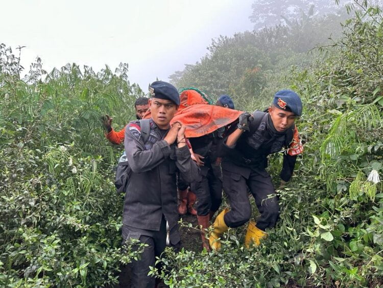 Personel Sat Brimob Polda Sumbar dibantu masyarakat dan unsur relawan berhasil mengevakuasi jasad Siska Alfina, Mahasiswa UNP yang menjadi korban erupsi Gunung Marapi Rabu (6/12). Siska Alfina adalah jasad survivor terakhir yang berhasil dievakuasi tim gabungan dari areal sekitaran Puncak Gunung Marapi. IST/HUMAS