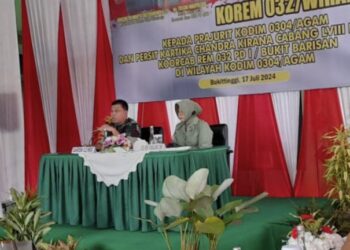 BERI ARAHAN - Danrem 032 Wirabraja, Brigjen TNI Wahyu Eko Purnomo, S.I.P memberikan arahan kepada anggota Kodim 0304 Agam di Kodim setempat. YURSIL