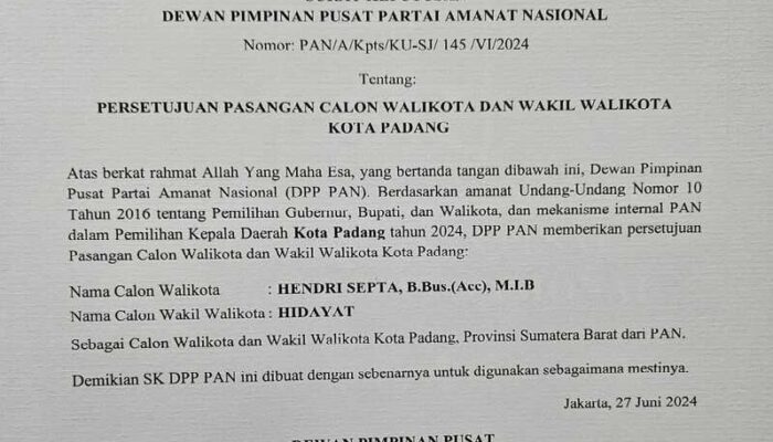 Usai Gerindra, DPP PAN Resmi Usung Hendri Septa-Hidayat pada Pilkada Padang