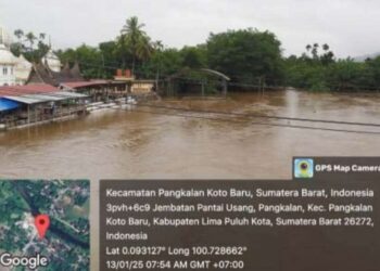 BANJIR merendam pemukiman warga di Nagari Pankalan, Kecamatan Pangkalan Koto Baru, Kabupaten Lima Puluh Kota. IST