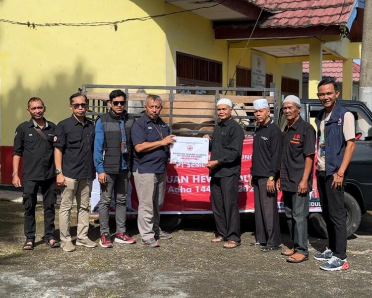 Staf TJSL Unit CSR PT Semen Padang, Nurwan, menyerahkan bantuan sapi kurban kepada Ketua KAN Limau Manis, Zulkifli Dt RJ Gumayang di Kantor KAN Limau Manis, Kamis (5/6). IST