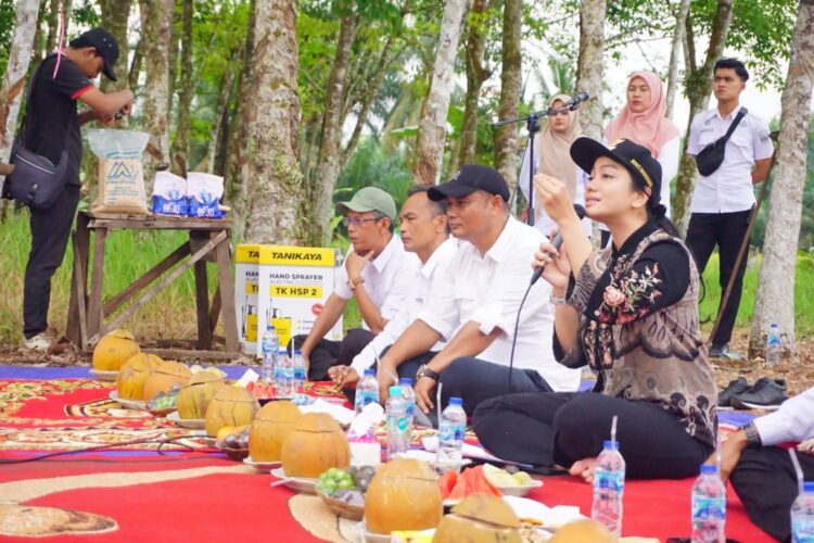 Bupati Dharmasraya membaur dengan petani dalam Sekolah Lapangan di Gunung Medan.ist