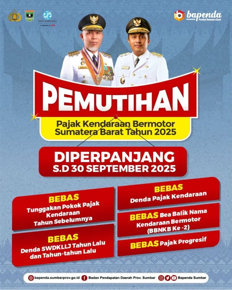 Pemprov Sumbar memperpanjang masa program Pemutihan Pajak Kendaraan Bermotor hingga 30 September 2025 mendatang. IST