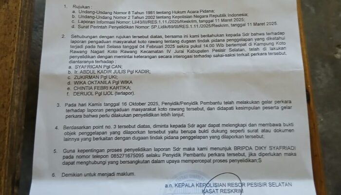 Wali Nagari Koto Rawang Dilaporkan Polisi, Diduga Terlibat Penggelapan Dana Perusahaan Puluhan Juta Rupiah!