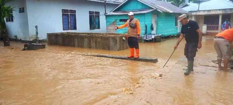 Petugas BPBD Agam tengah memantau kondisi banjir yang melanda Jorong Pasa Rabaa, Kabupaten Agam, Minggu (23/11). Cuaca ekstrem yang melanda sepanjang akhir pekan telah menyebabkan banjir dan longsor di sejumlah daerah di Sumbar. IST