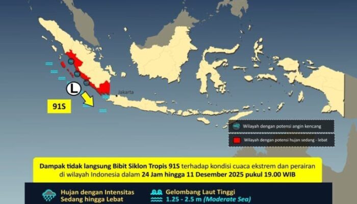 BMKG: Bibit Siklon Tropis 91S Berpotensi Picu Hujan Sangat Lebat di Sumbar pada 11–13 Desember